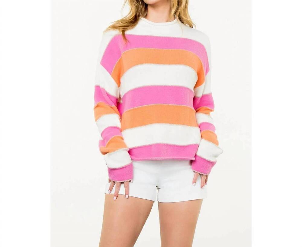 NEW THML striped pattern knit sweater in white/ pink / orange